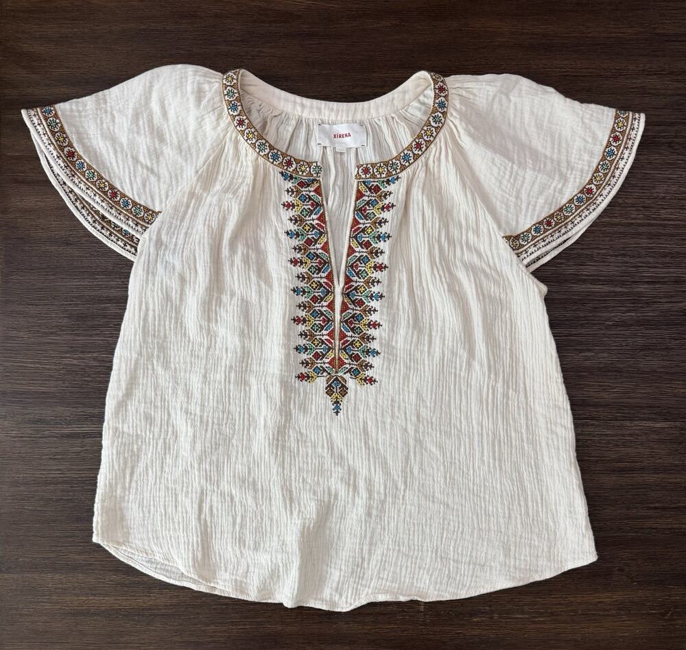 Xirena Ambry Top Womens Small Cream Gauze Blouse Flutter Sleeve Embroidered